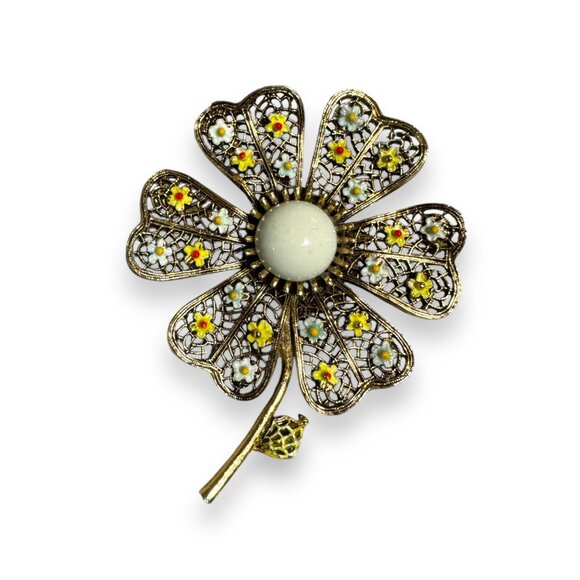 Art Jewelry - Vintage Art Deco Style Filigree Floral Brooch With White Acrylic Center & Enamel